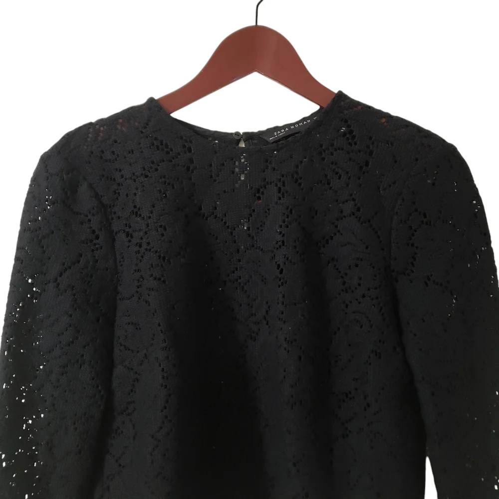 Zara Woman Black Crochet Knit Lace Top  Medium Bell Sleeve Whimsigoth Boho Witch